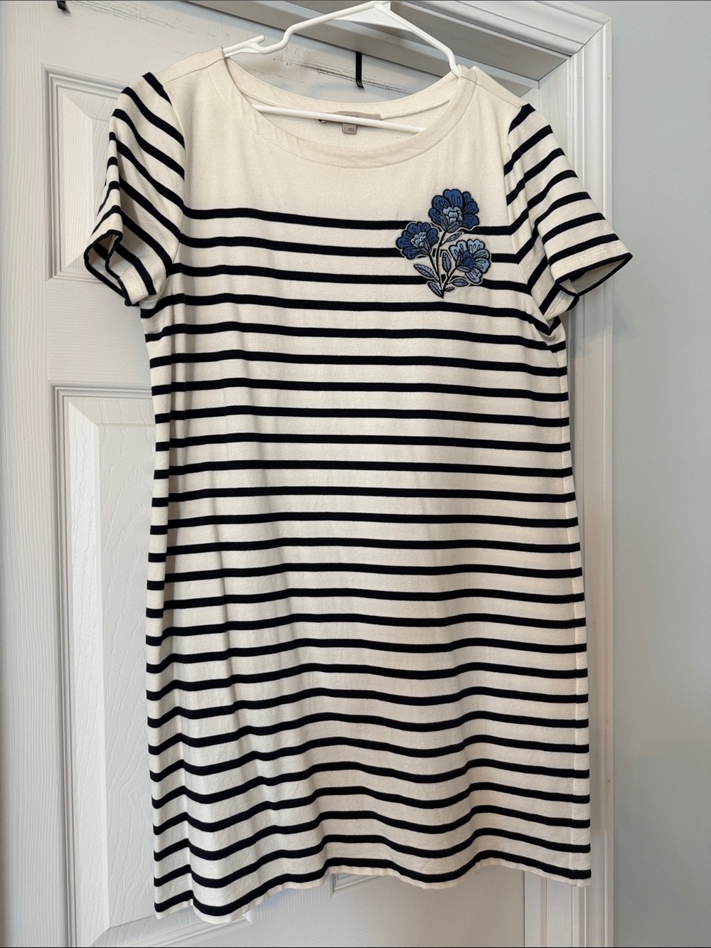 Striped Black & White Short Sleeve Dress with Blue Floral Patch